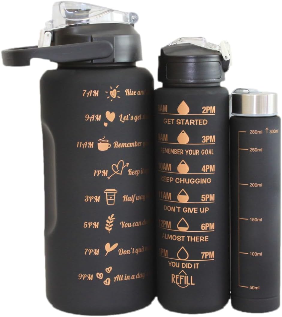 HappyDeals 3Pcs Black Motivational Water Bottles
